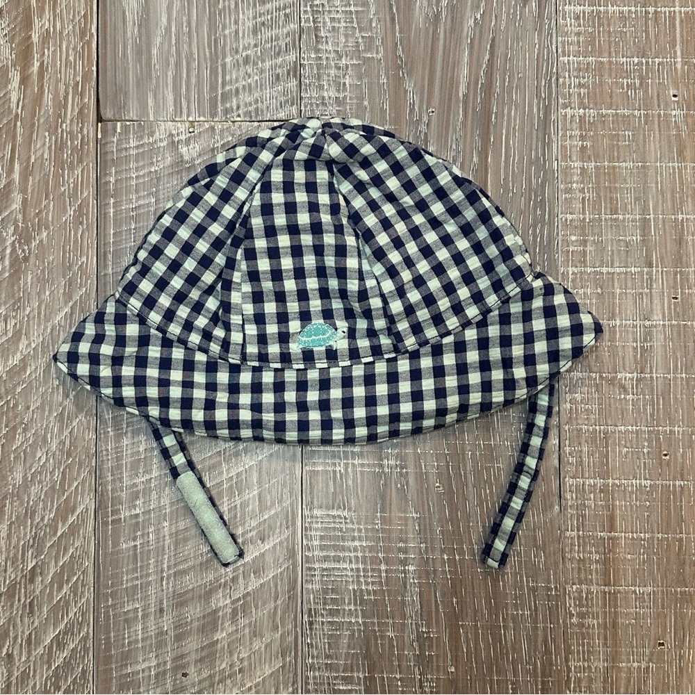 Janie and Jack blue checkered baby sun hat with embroidered turtle